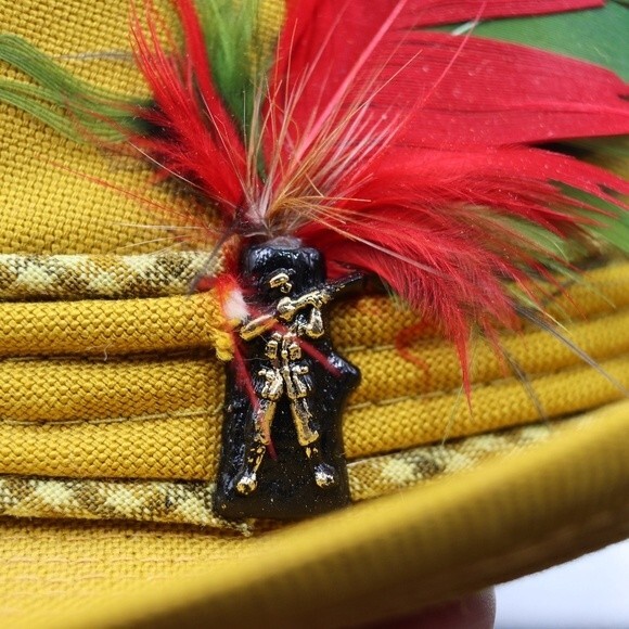 Vintage Yellow Fendora Hat Feathers Yankee Doodle Hat 6 3/4 - Picture 7 of 9